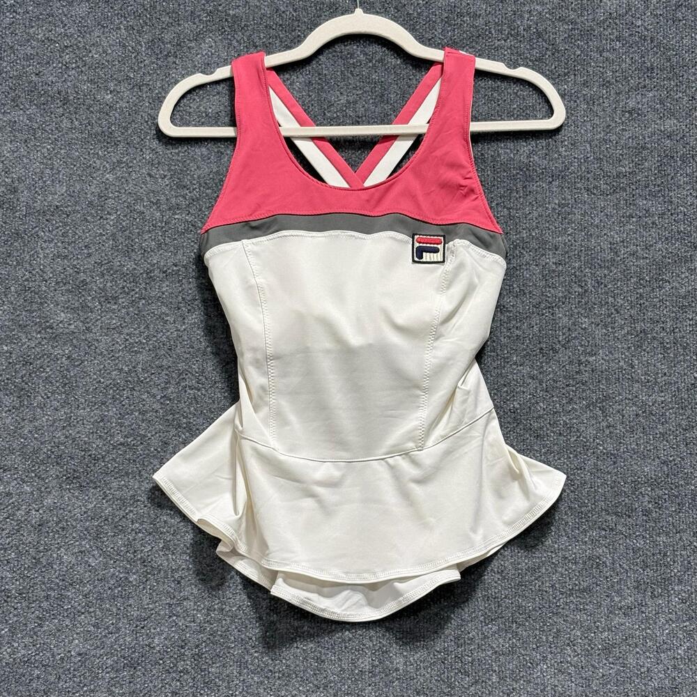 Fila Tank Top Womens Small White Pink Peplum Built In Bra Tennis Athletic